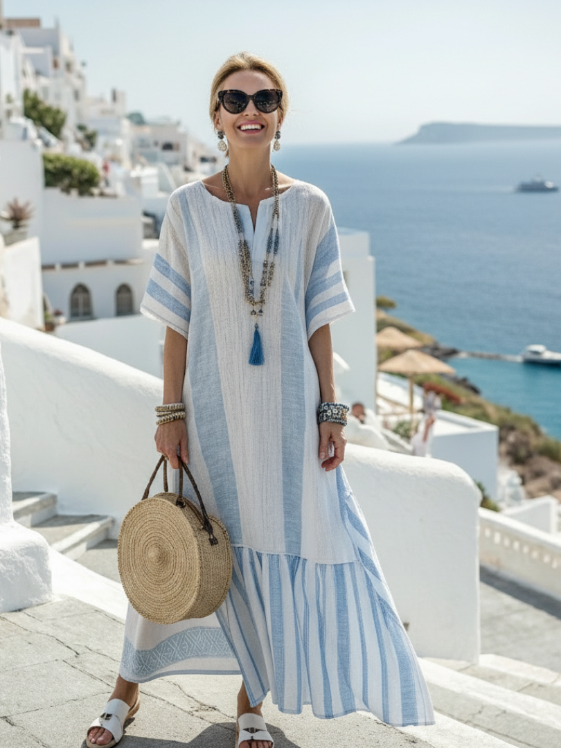 Ione | Rundhals Kurzärmeliges Gestreiftes Maxikleid