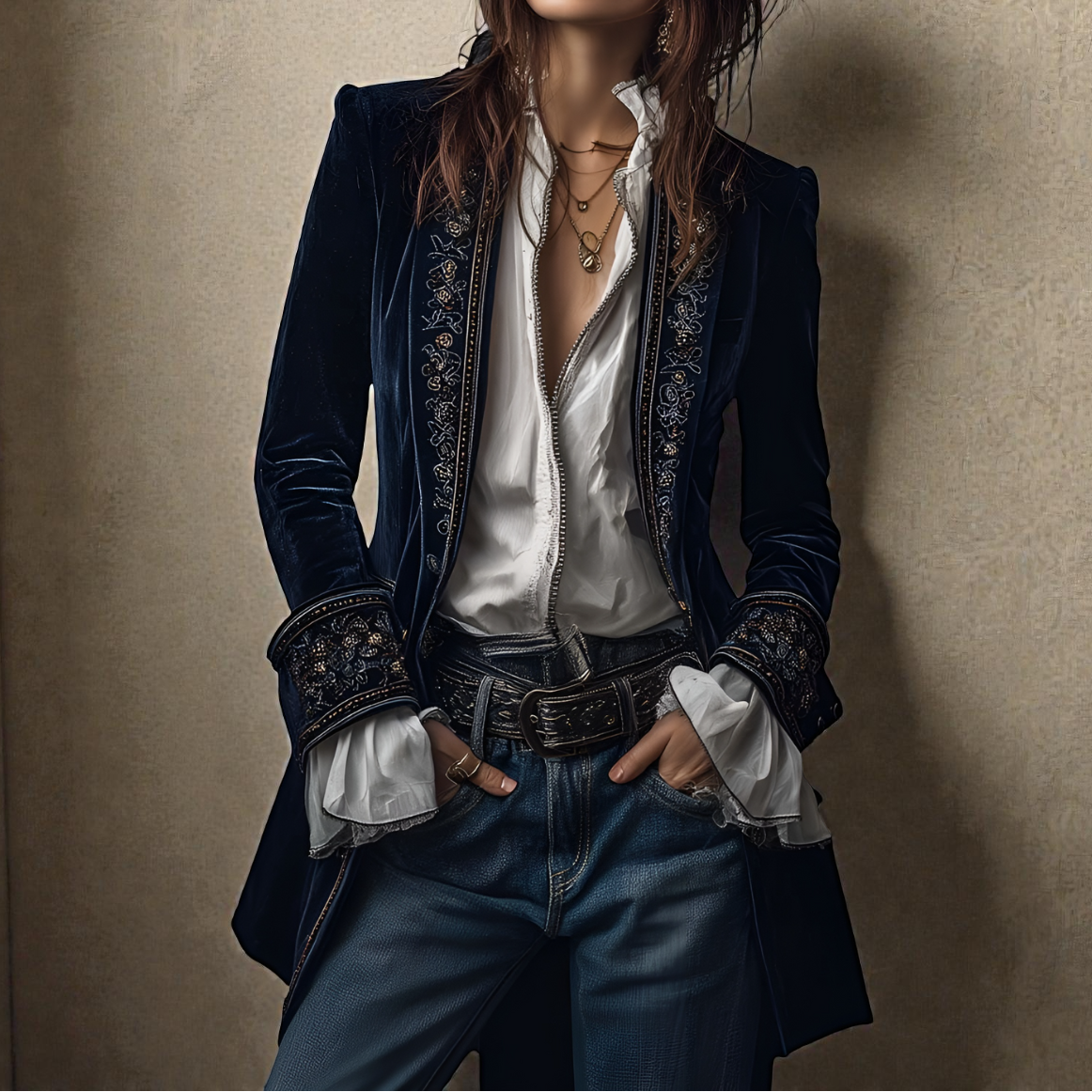 Carita™ - Lange Vintage-Jacke aus Marineblauem Samt mit Stickerei