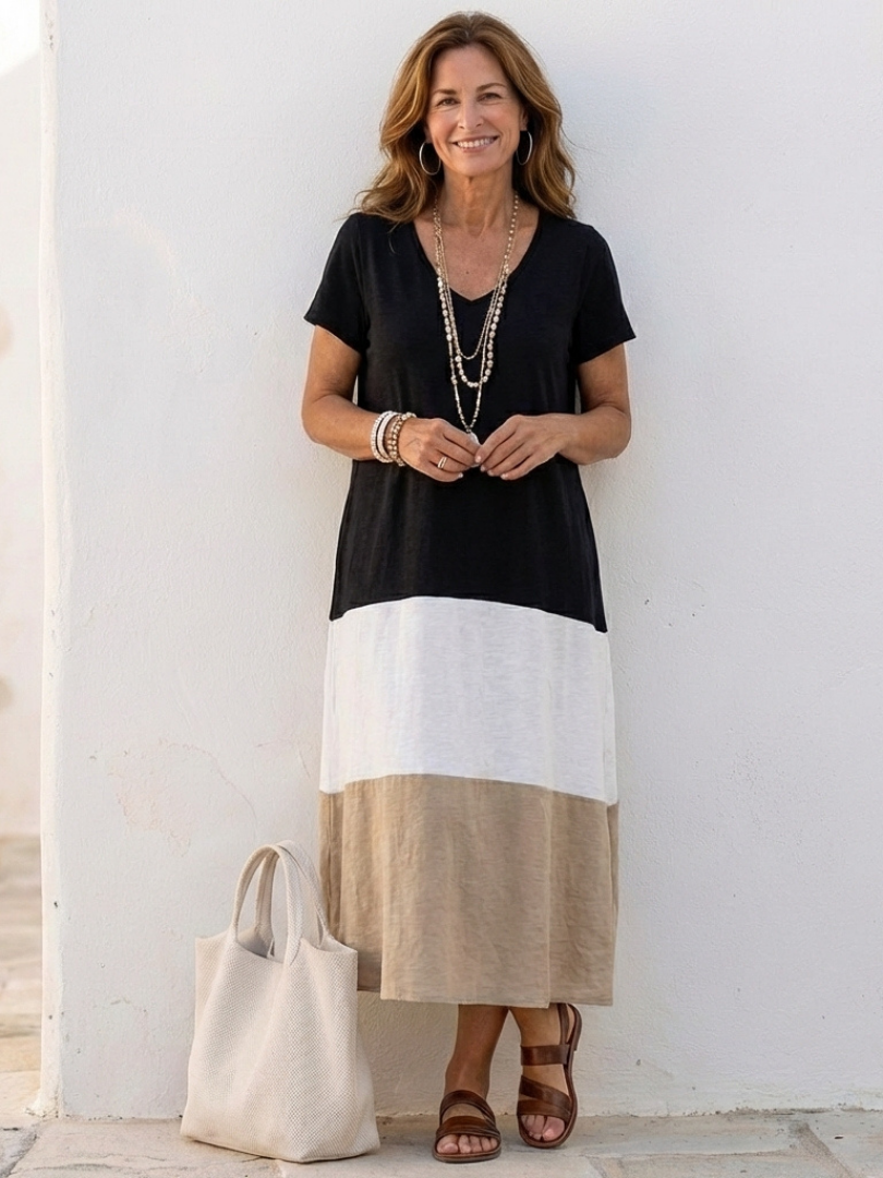 Thalia | Kurzärmeliges Colorblock-Maxikleid