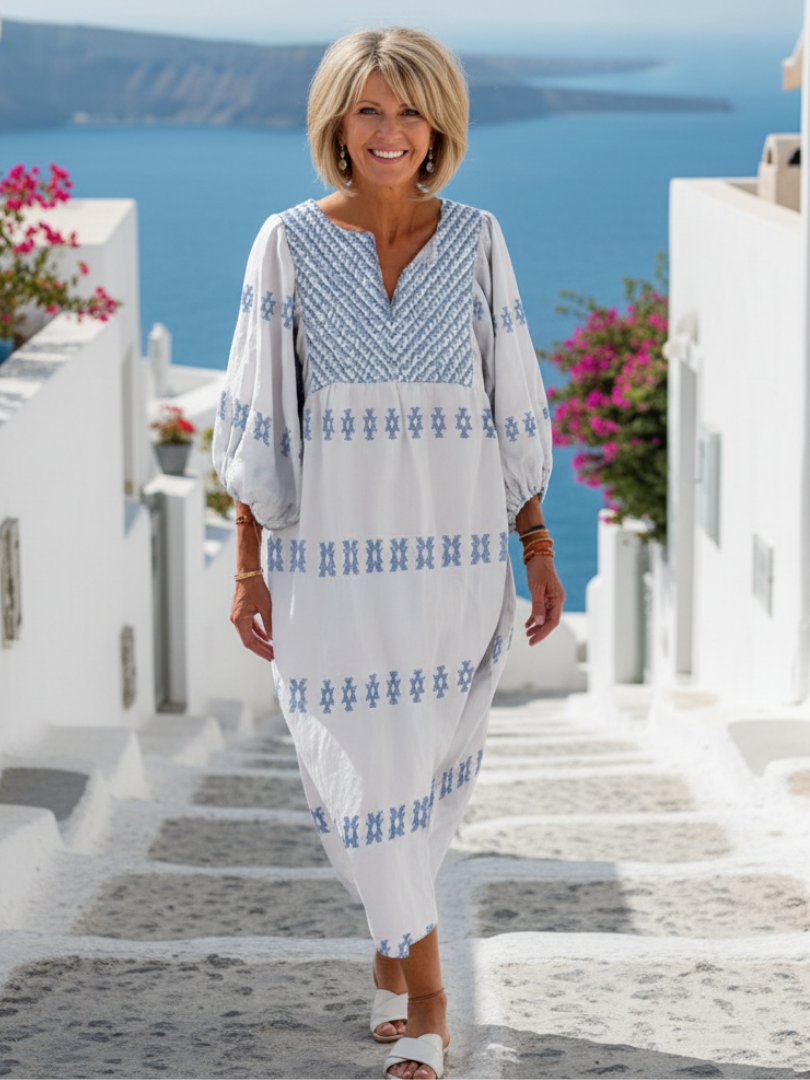 Evadne | V-Ausschnitt Langärmeliges Besticktes Maxikleid