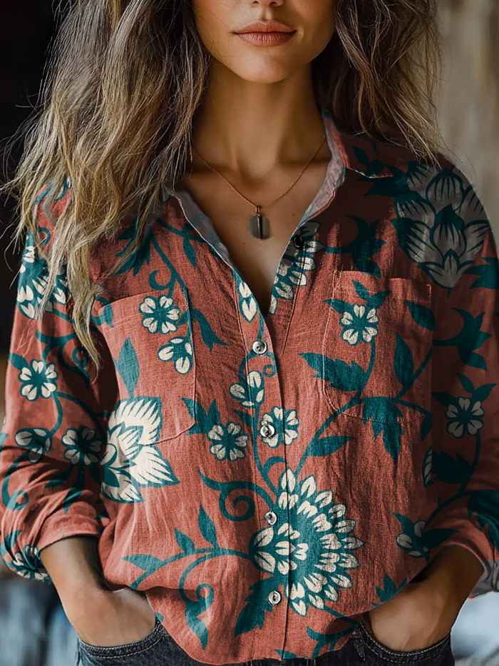 Retro Blumen Bluse Rot